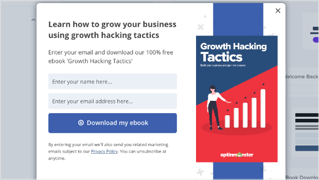 Popup campaign that says "Enter youremail and download our 100% free ebook 'Growth HackingTactics.'" Then there are fields for Name and Email Address, and a CTA button that says "Download my ebook"